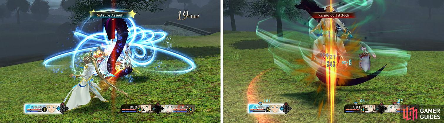 Armatize with Mikleo to stun the boss from a distance to avoid damage (left) and backstep to avoid the Rising Soil Attack (right).
