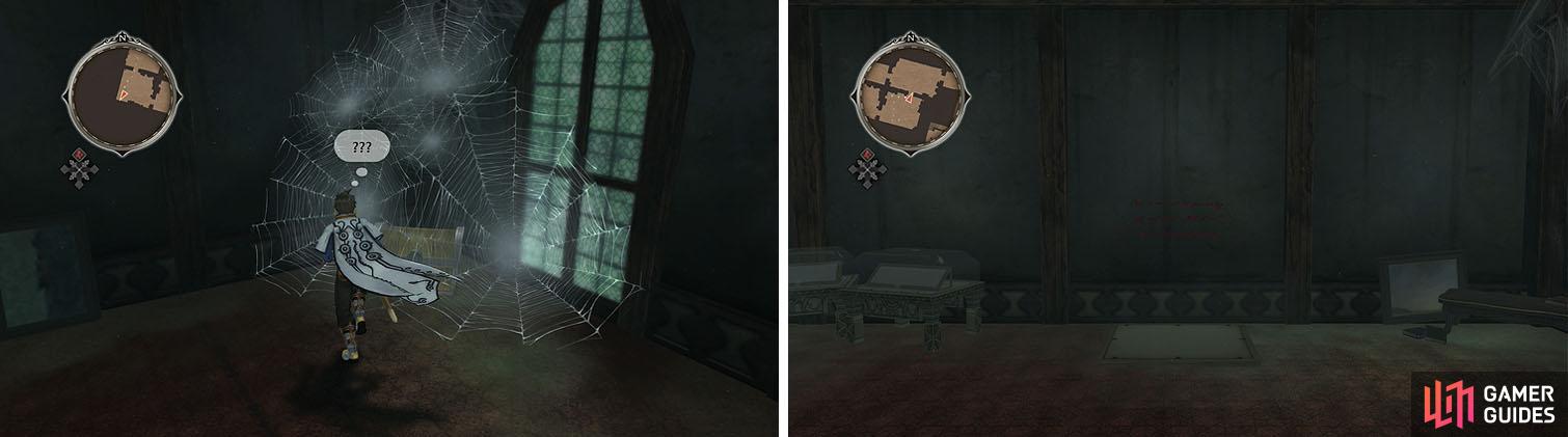 Some chests must be freed from the cobwebs with Sorey’s map action (left). When you exit the second room a painting will drop to reveal a sinister poem (right).