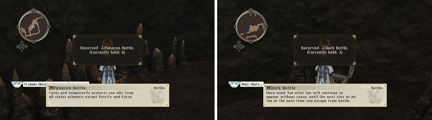 Head all the way west for a chest with Panacea Bottle (left) and then follow the eastern path to a Dark Bottle (right).