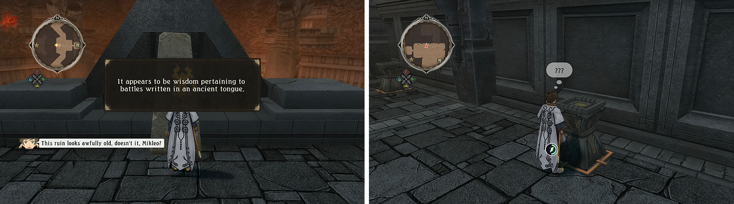 Check the Monolith at the entrance for an AP (left). Note that all the torches in Igraine have a number on the floor that indicates the lighting order (right).