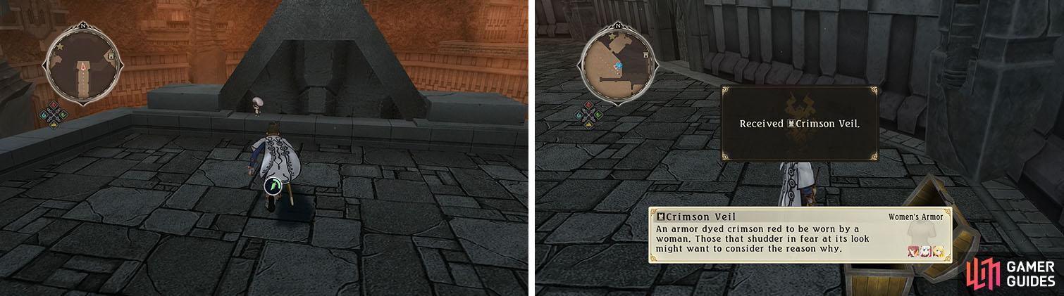 Recruit the Normin Shokk on the balcony (left). Open both chests by the torches for a Crimson Veil (right).