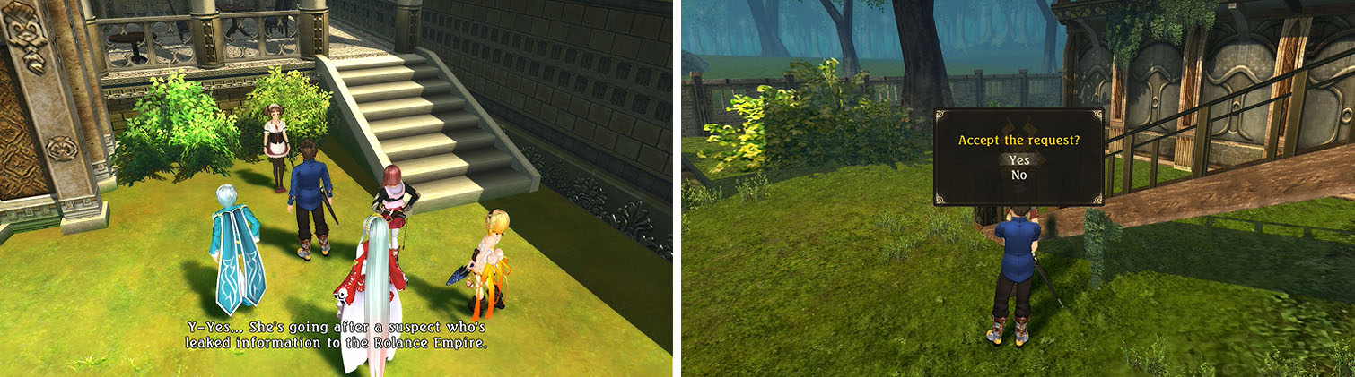 The maid in the Noble’s District will inform you of a man named Logos (left). Head to Mariland to agree to a deal to learn more about him (right).