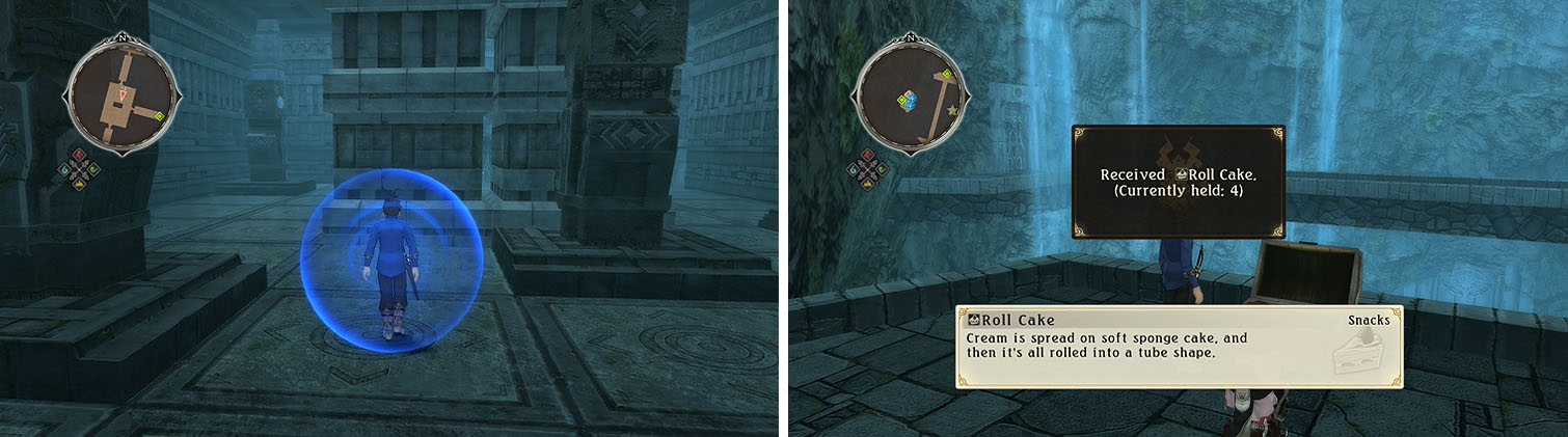Look for the blank tile to the left of the statue (left) to reach the room with multiple treasures (right).