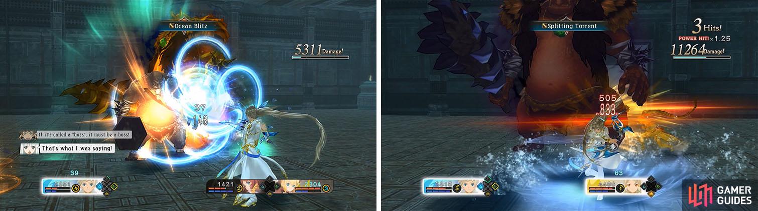 Take out the smaller trolls while avoiding the bosses attacks (left) and then focus your attacks on the boss by starting a Power Hits combo (right).