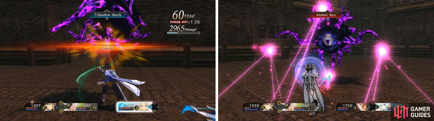 Exploit the bosses weakness with artes like Shadow Shock (left), but be wary of attacking him directly and being hit with Atomic Ray (right).