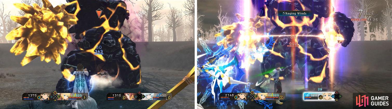 The majority of the Titan’s attacks are very slow and easy to block (left), so avoid them if possible while chaining your Power Hits together (right).