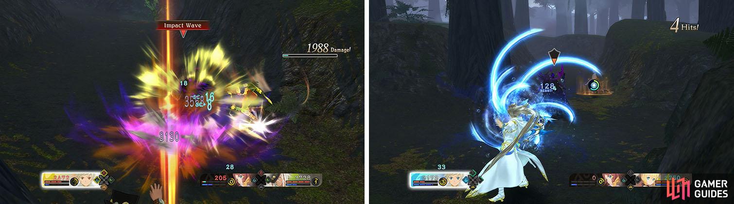 If you find yourself in hot water due to Impact Wave (left) you can always armatize with Mikleo and attack from a distance (right).