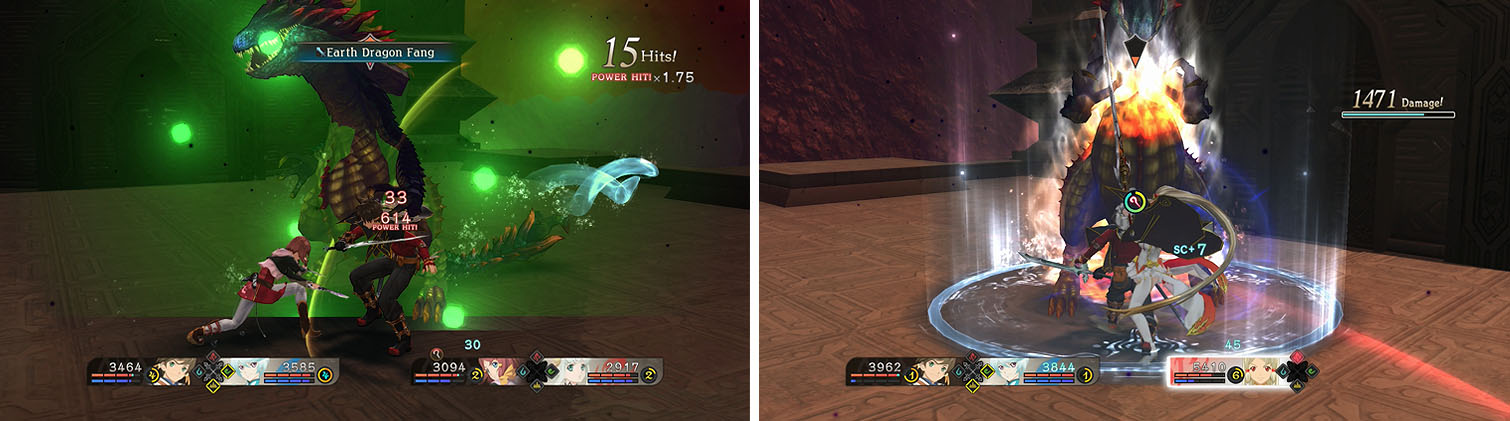 Attack the boss’ weakness with Earth Dragon Fang or Zaveid (left) to keep him staggered and not casting spells (right).