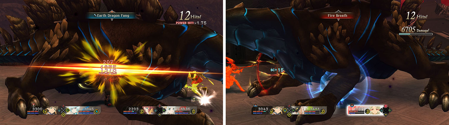 Attack the dragon’s side with Earth Dragon Fang or by armatizing with Edna (left) and avoid his Fire Breath attack (right).