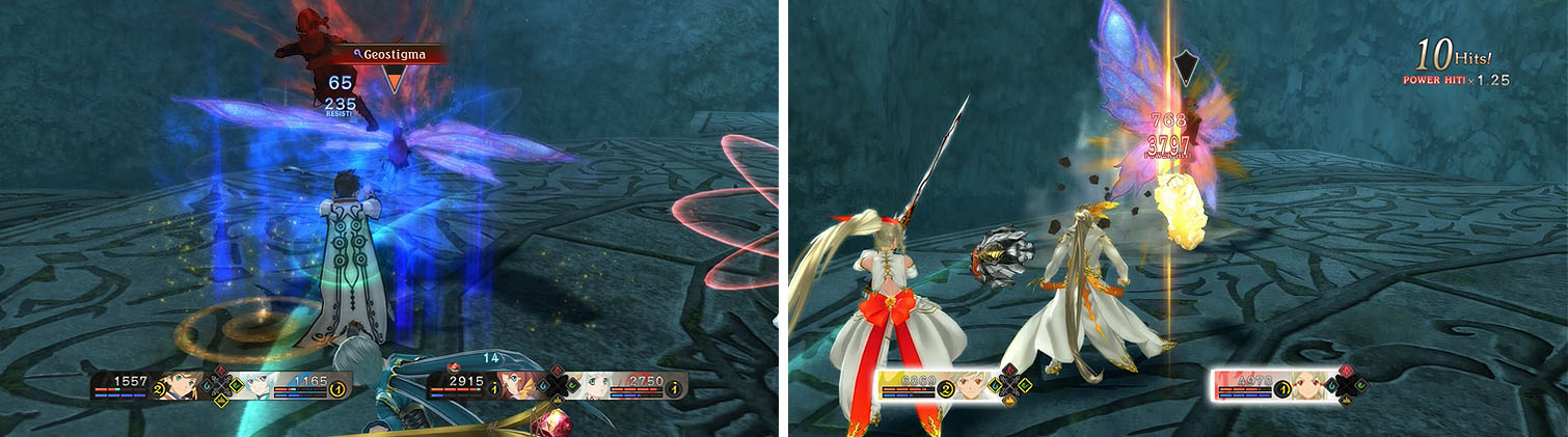 Avoid the deadly Geostigma (left) by armatizing with Edna and laying into her with Earth melee combos, ending in a powerful Scrap Toss (right).