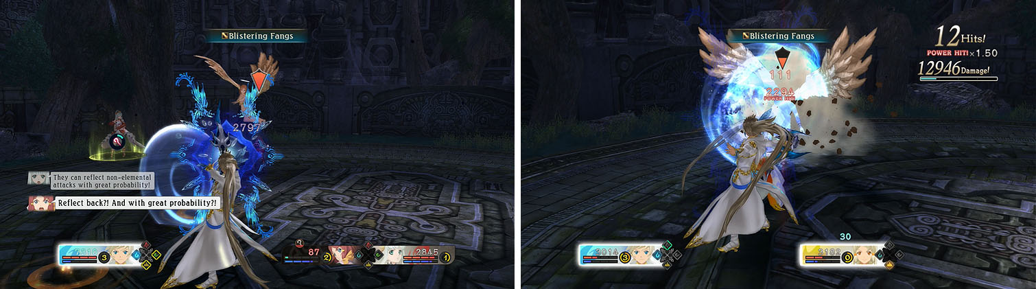 Non-elemental attacks will reflect back and kill your party, see the damage done to Rose (left), so armatize with Mikleo and focus on her category weakness (right).