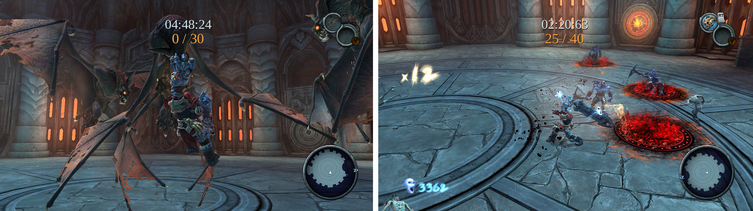 If you can chain together 5 duskwing finisher kills in Challenge 3 you’ll earn an achievement/trophy (left). You’ll face an array of enemies during Challenge 4 (right).