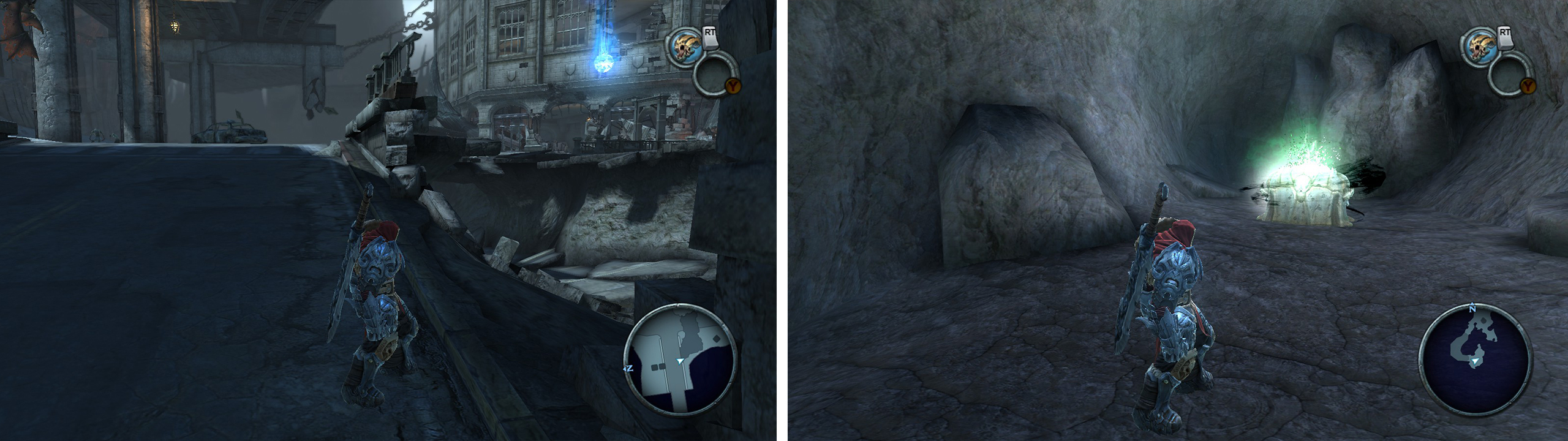 Upon entering the Broken Stair go through the destroyed wall (left) to find an Artefact. The water in Vulgrim’s location has a tunnel leading to a Life Stone Shard (right).
