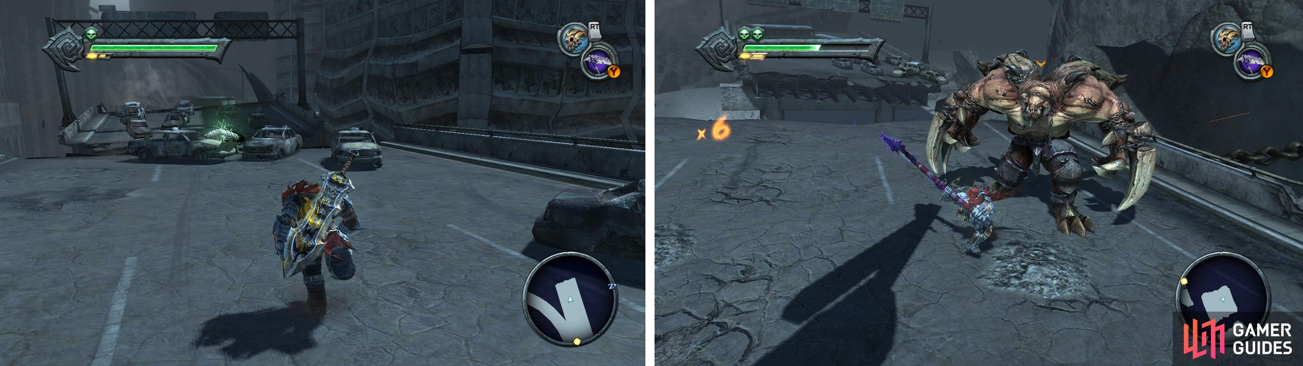 When you reach the overpass, grab the Life Stone Shard from the dead end to the left (right). Continue across the segments of highway until you meet the Scythe Demon (right).