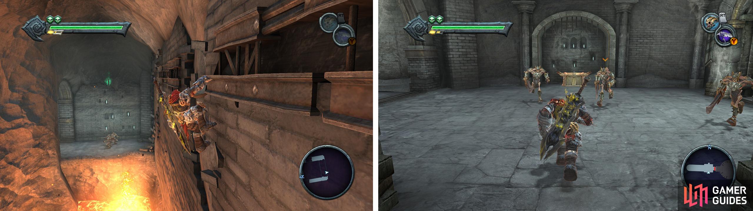 After crossing the gap back jump from the wall to grab the Artefact (left). Clear the room at the end of the hall for the Beholder’s Key (right).