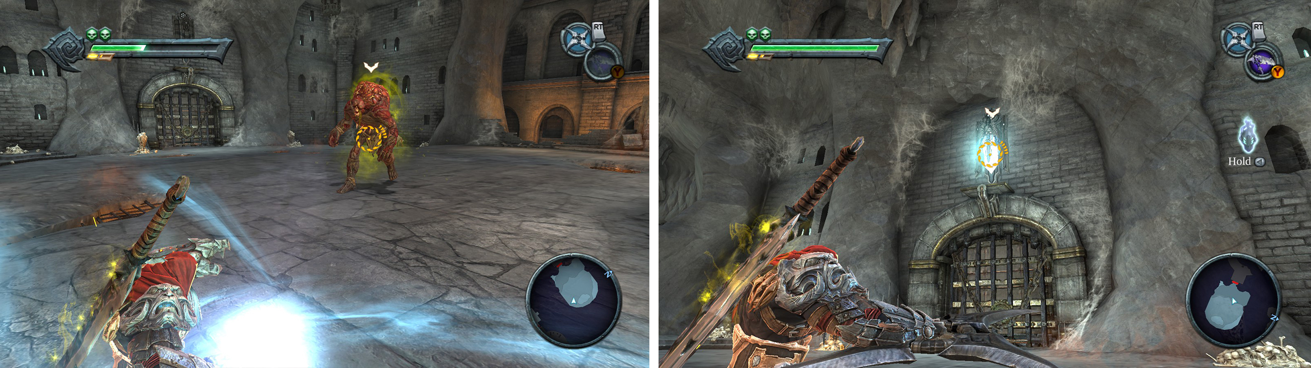 Use the cross-blade to stun the Poison Demon (left). Once it dies, use the Cross-blade on the White crystal to open the door (right).