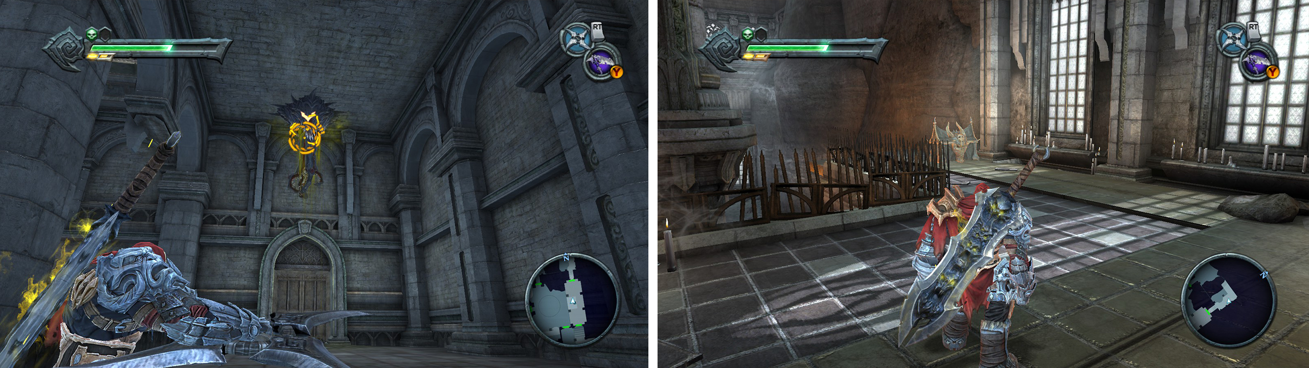 Hit the Demonic Plant with the Cross-blade (left) to enter the door. Inside you’ll find a piece of Abyssal Armour (right), a Wrath Core and a Blue Soul Chest.