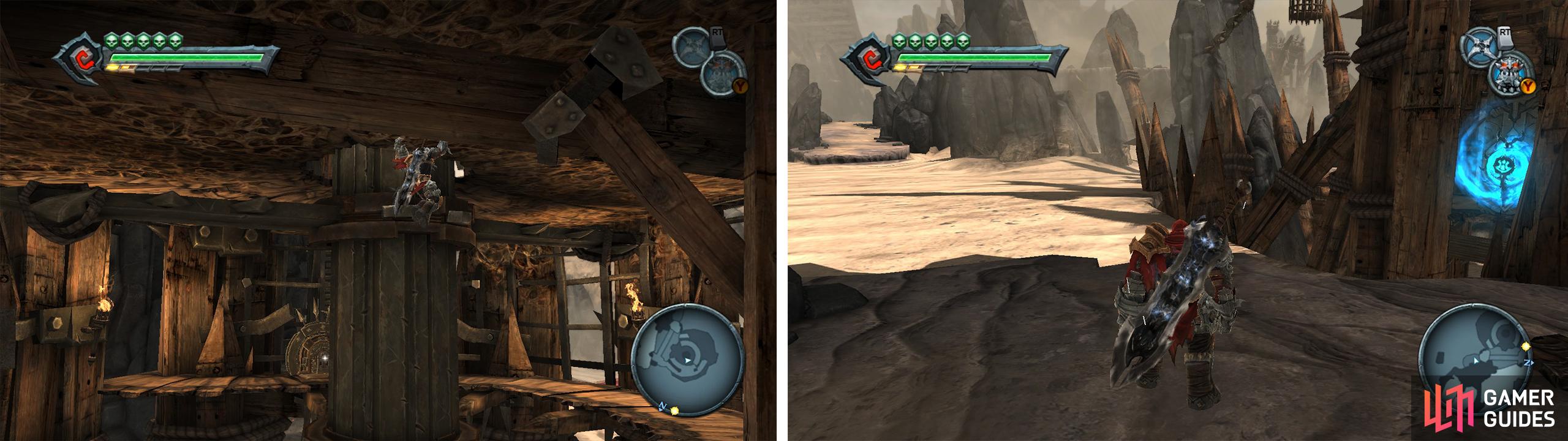 Climb to the top of the first building and hit the switch (left) to lower a chronosphere (right).
