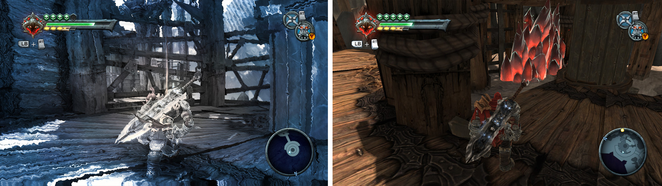 Hit the chronosphere and grab a bomb (left). Drop down to ground level and destroy the crystal (right).