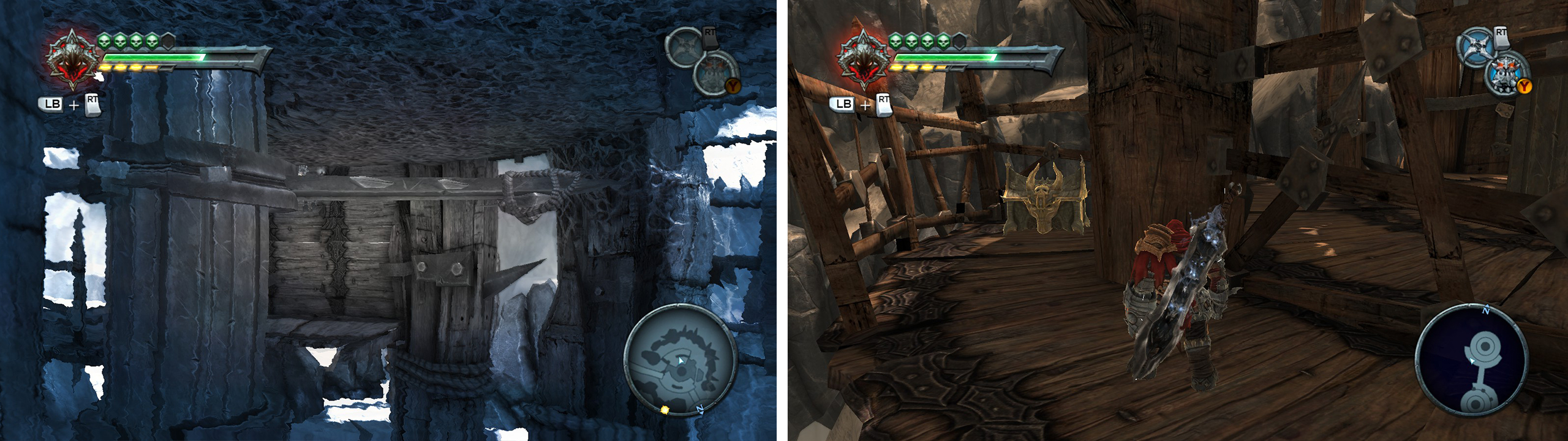 Use the chronosphere to safely traverse the roof (left). Climb to the top of the structure and loot the chest (right)