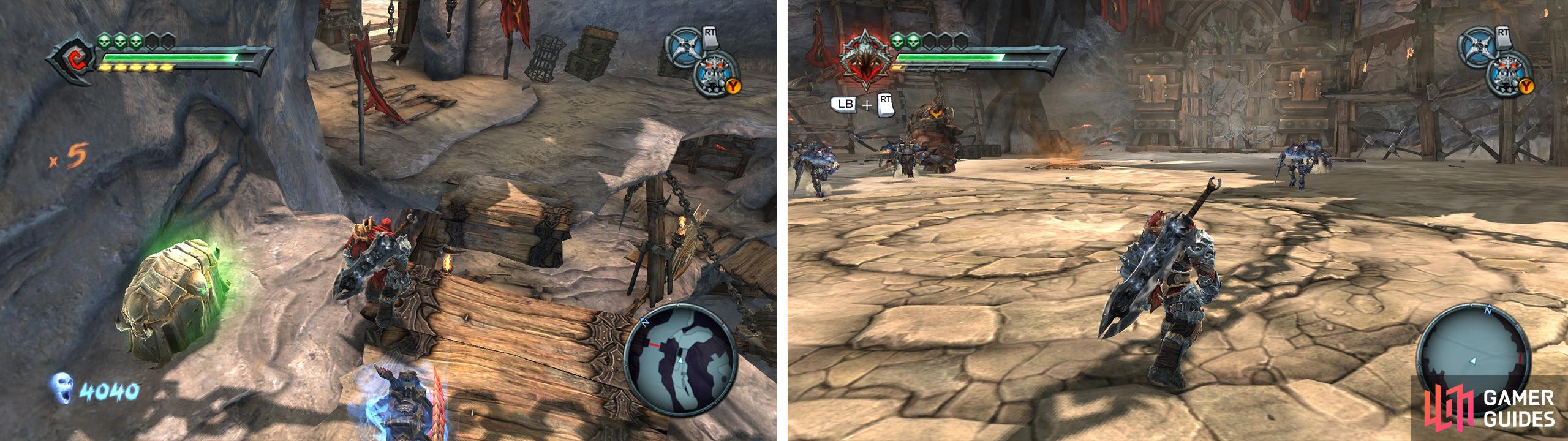 Hop across the gap (left) to enter an Arena area where you’ll need to fight enemies (right).