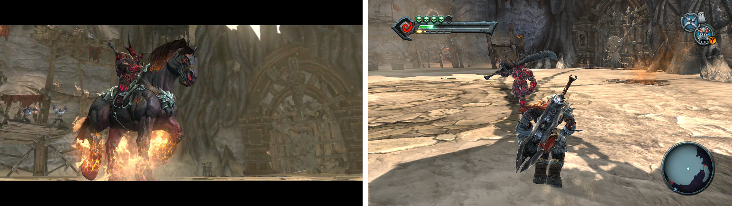 During the first phase, the Arena master will attack from horseback (left). During the second phase, he’ll fight from the ground (right).