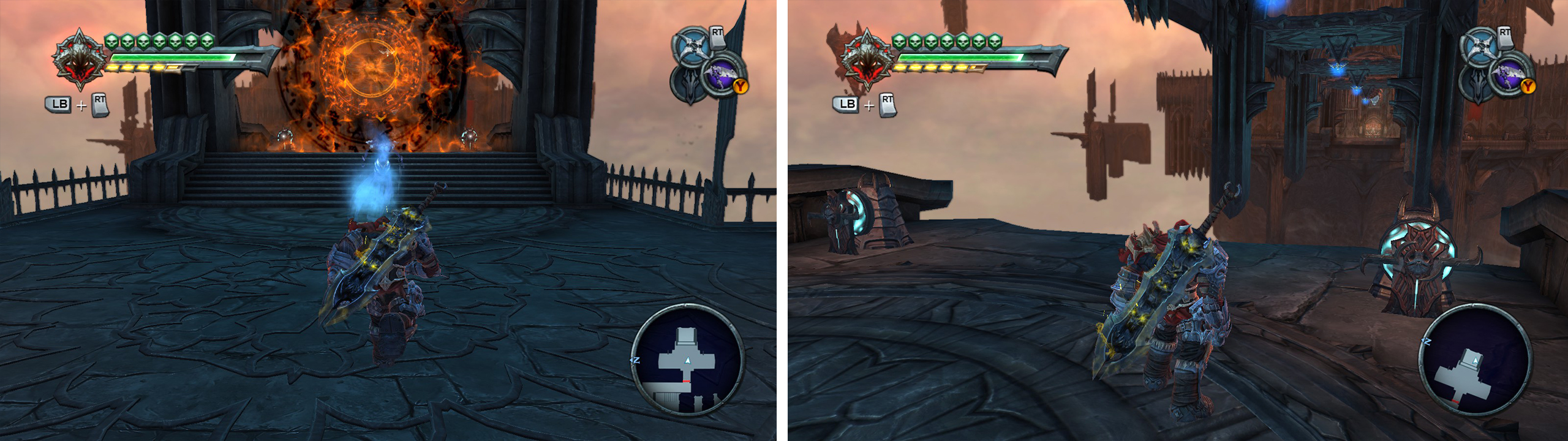 Fight off the enemies outside (left) and then arrange the grapple hooks (right) so that you can cross the gap.