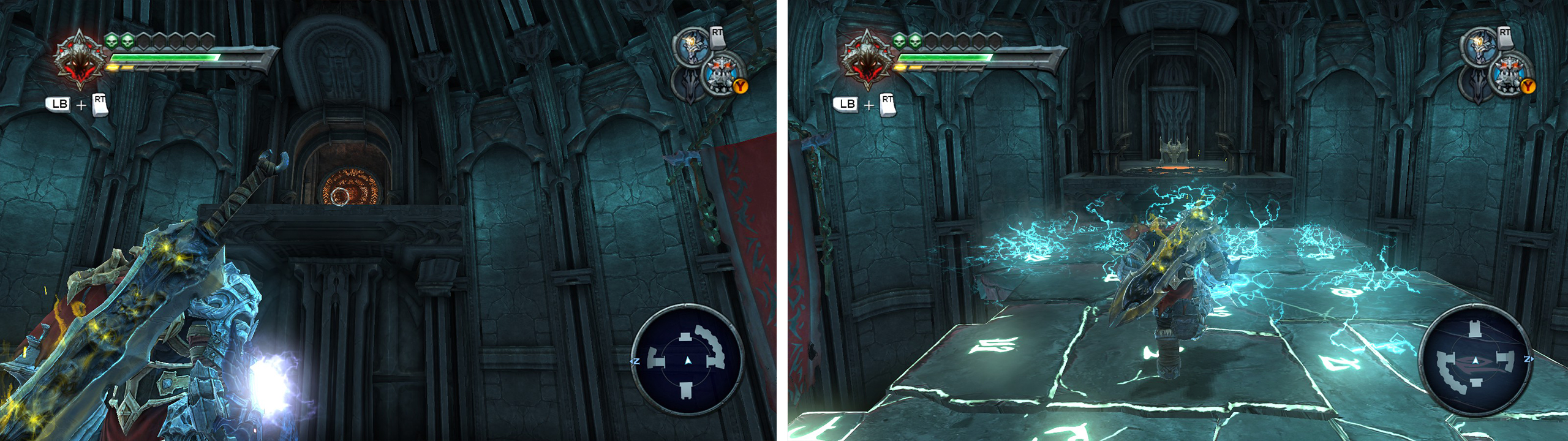 As you cross the bridge, look up to the left and hit the portal pad (left). Once on the upper platform, follow the bridge to the far side for a chest with a Legendary Enhancement (right).