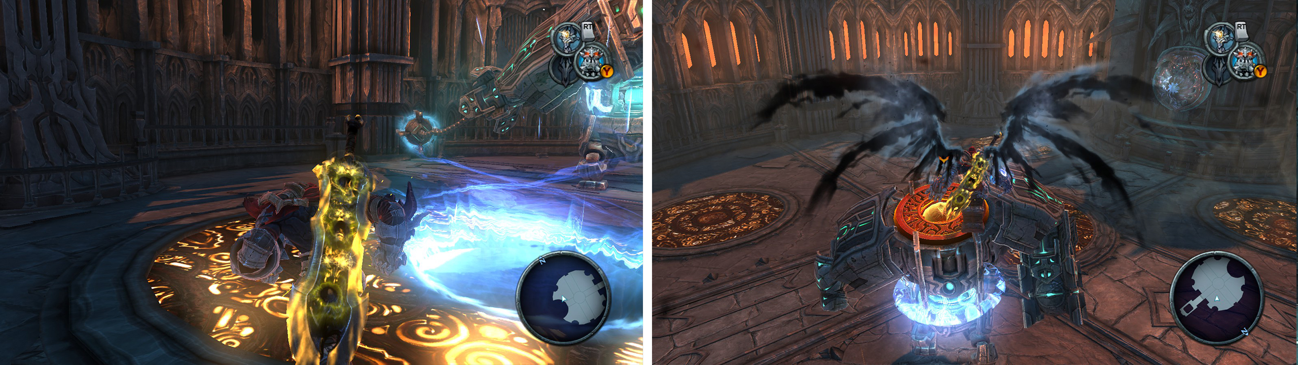 Use the portal pads on the floor (left) to launch yourself and land on the boss’s head (right).