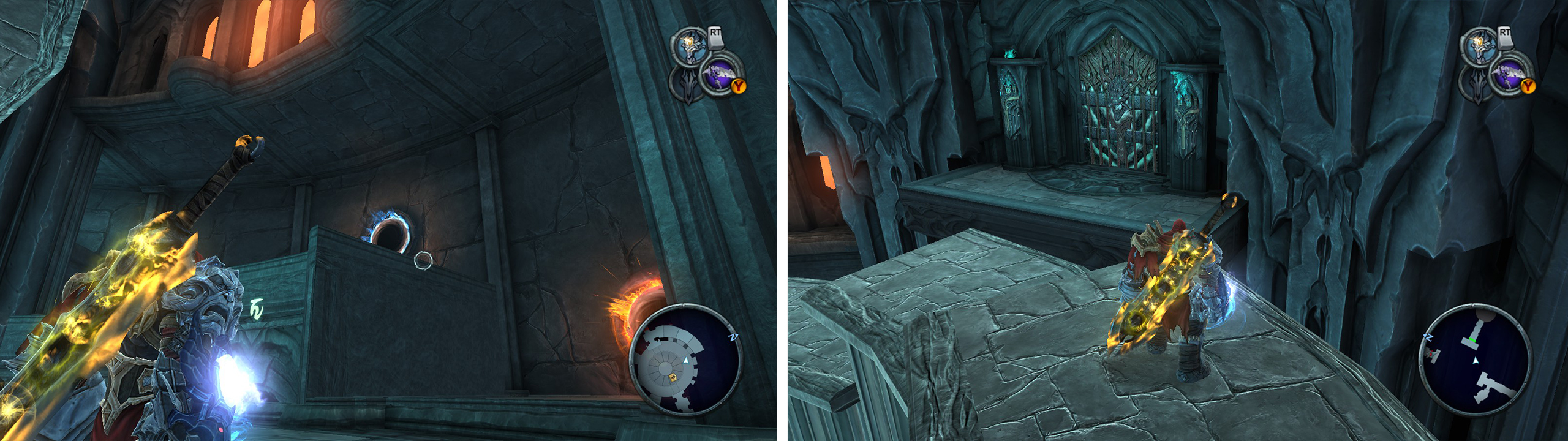 Use the portals to reach a higher platform (left). Climb the rotating ring and from the top jump to the next door (right).