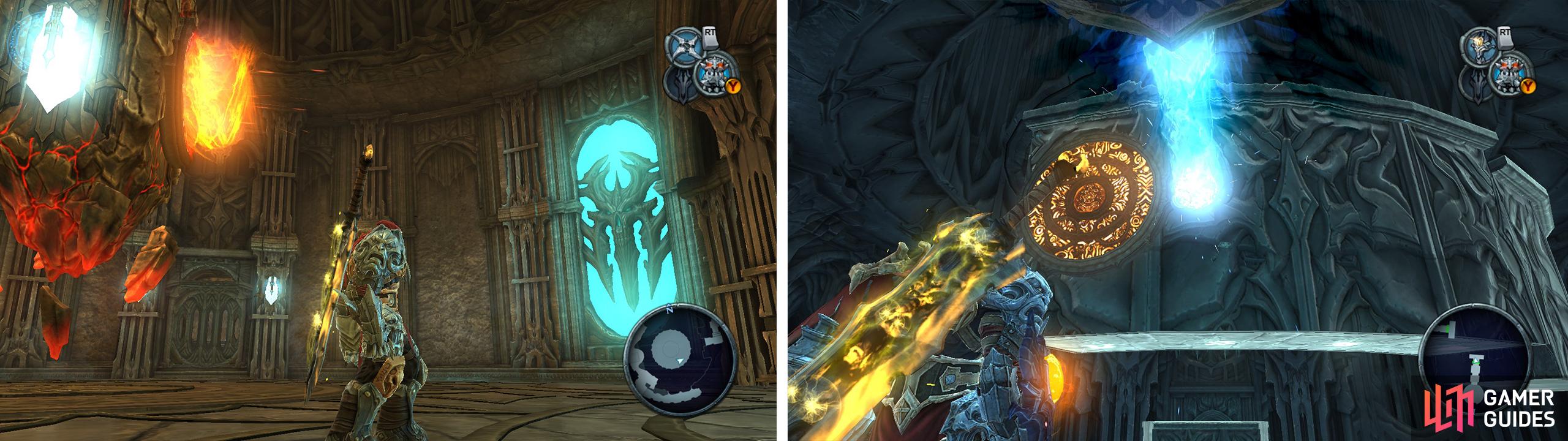 After hitting the chronosphere, hit the crystal on the hanging platform and the two crystals by the door (left). Back in Azrael’s chamber, put a portal on the pad that passes by (right).