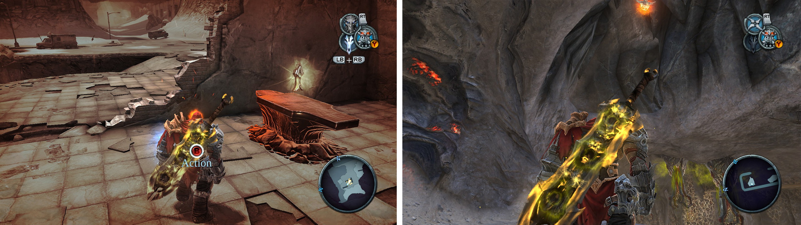 In the ruins to the left of the road is an Armageddon Blade Shard (left). On the road to the Ash Lands, in the room with the Demonic Plants, look for the grapple point (right) leading to a Wrath Shard.
