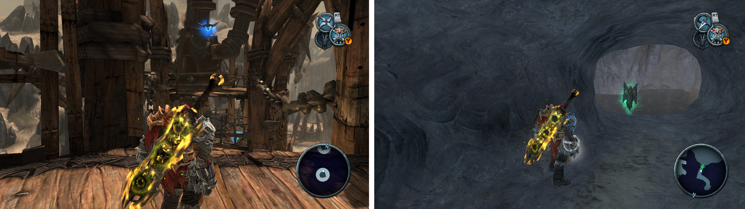 Use the Abyssal chain to swing to the adjacent rooftop (left). Activate the switch and drop down into the hole that is revealed to find the Artefact (right).