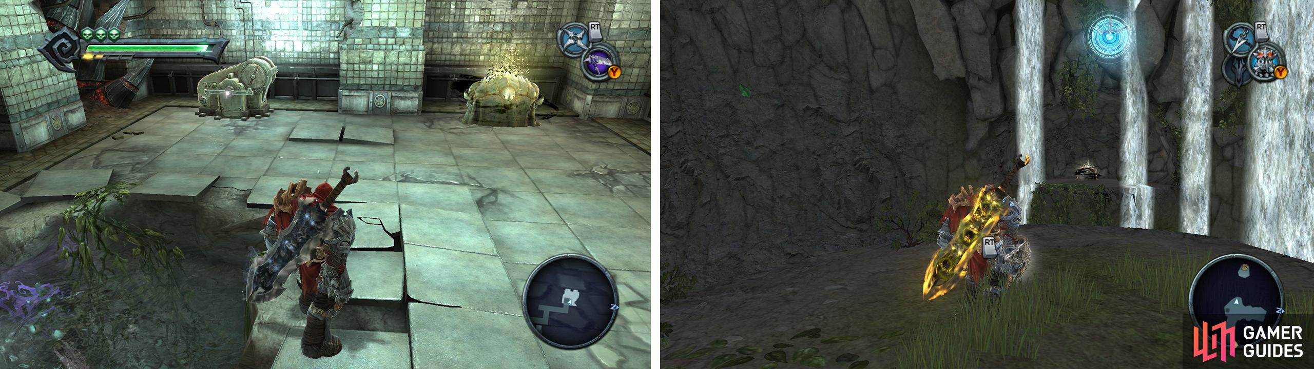 The Hollows: by the switch to turn off the fan in the underwater tunnels (left). Anvil’s Ford: on a small floating island on the west side of the map (right) you’ll need the Abyssal Chain to reach it.