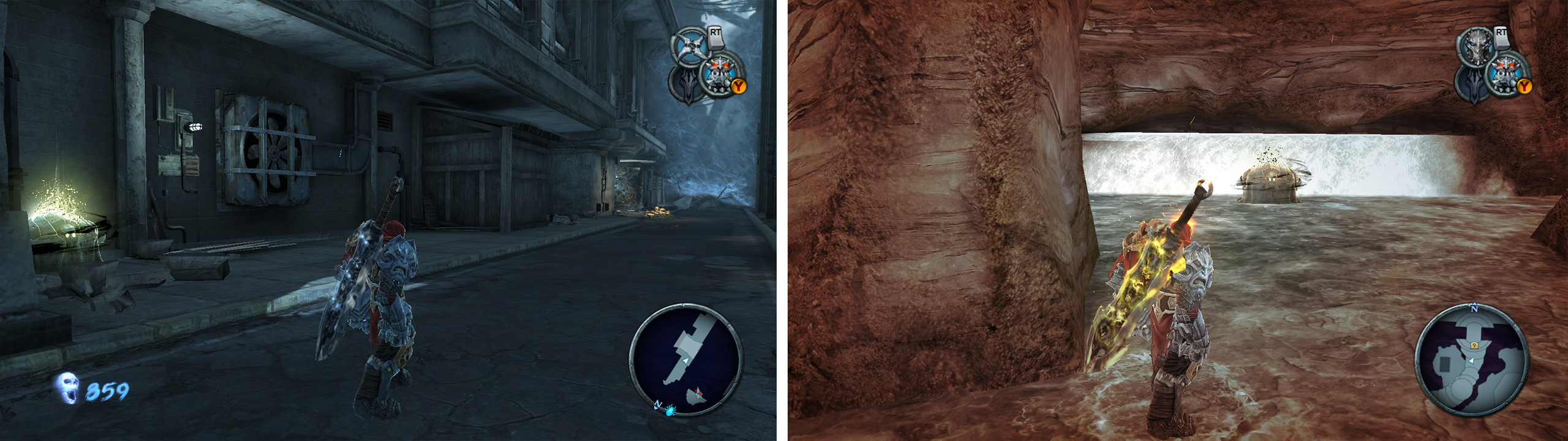 Iron Canopy: After the first collapsing bridge, destroy the wooden wall to the left (left). Eden: This can be found beneath the stairs leading to the Tree of Life (right).