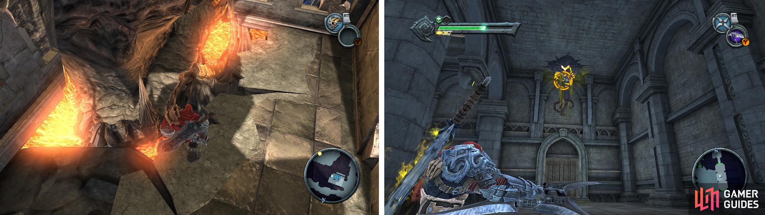 Scalding Gallow: Look for the hidden path below Samael’s Prison from the Vulgrim Location (left). Twilight Cathedral: Before fighting the boss climb up the block again and stun the Demon Plant (right) the armour is inside the door its guarding.