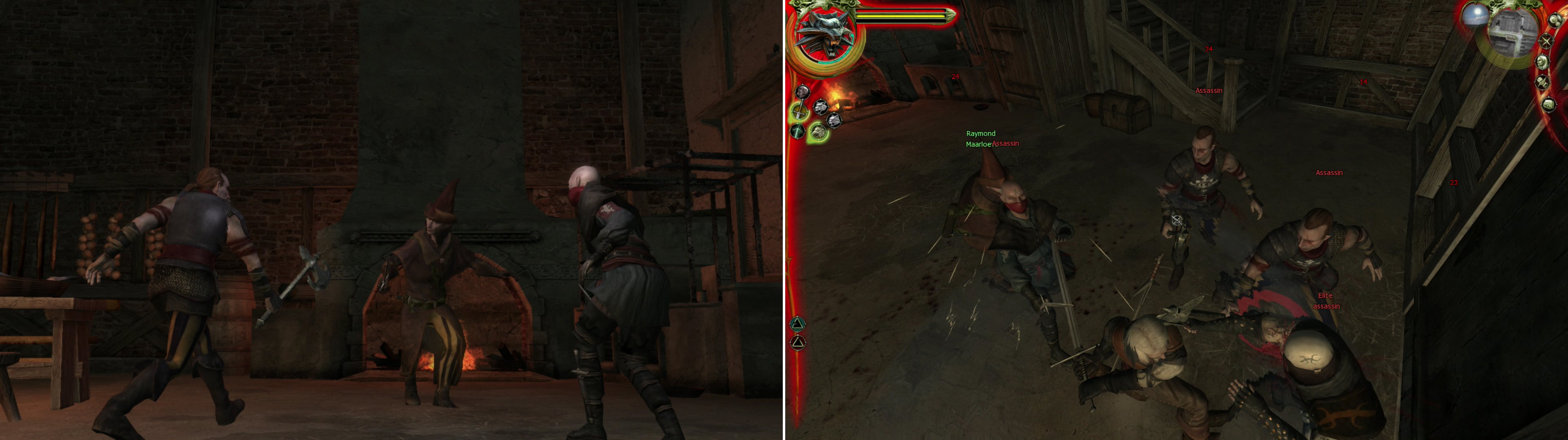 Visit Raymond to find him beset by Salamandra assassins (left). Fortunately he’s got a Witcher ally with a good sense of timing on his side (right).