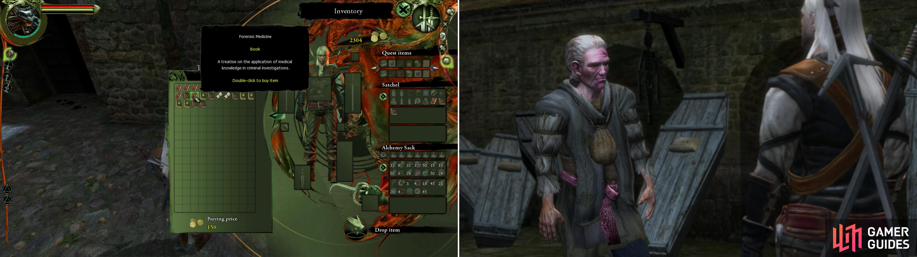 Knowledge is power-buying books from the Antiquarian will allow you to draw the correct conclusions during your autopsy (left). To gain access to the Cemetery-and the dead Salamander’s body-you’ll need to bribe the Gravedigger with dwarven spirits and either get his debts canceled or go over his head (right).
