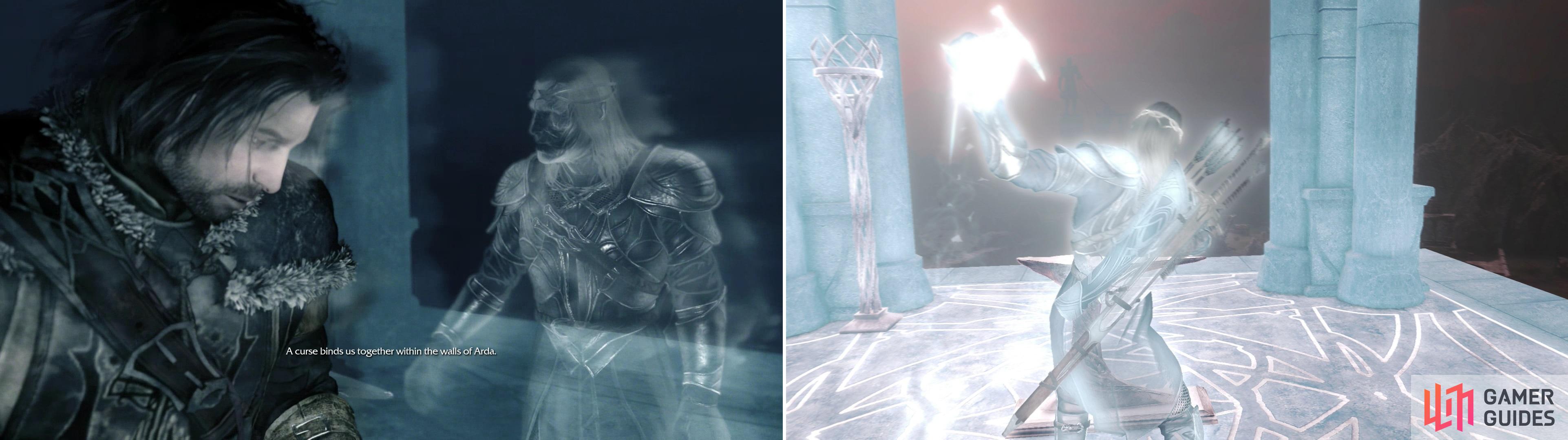 After the ritual, you’ll find yourself lost in Mordor, and bound to an Elven Wraith (left). Reforge the Forge Tower to gain information about the surrounding area (right).