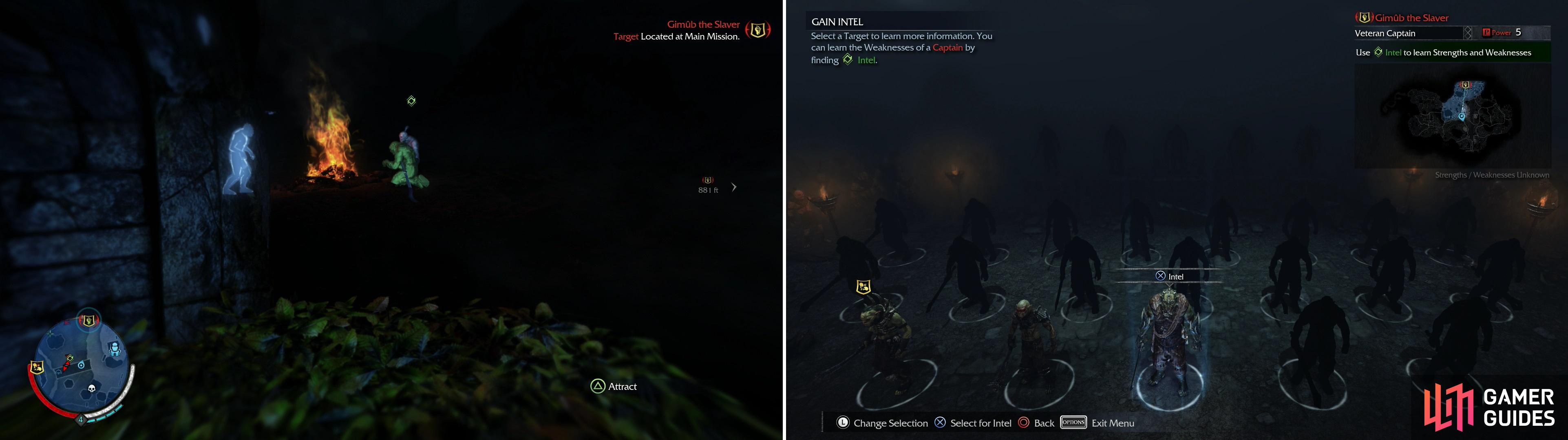 Worms are one common source of Intel-Uruks who, once Interrogated by the Wraith will divulge their precious knowledge about their masters. They have a green icon over them, and glow green in Wraith Vision (left). Gain Intel to learn more about Sauron’s Army (right).