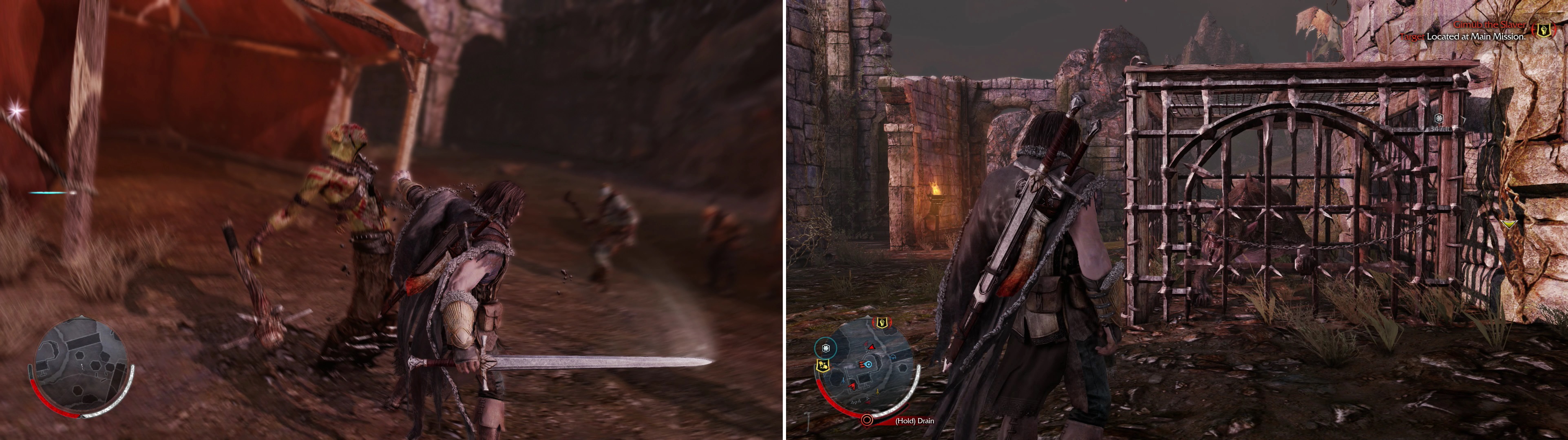 The “Execution” Ability will vastly increase the speed at which you can dispatch Uruks (left). Caged Caragors can often be found where Uruks dwell. Freeing them can make for a helpful distraciton (right).