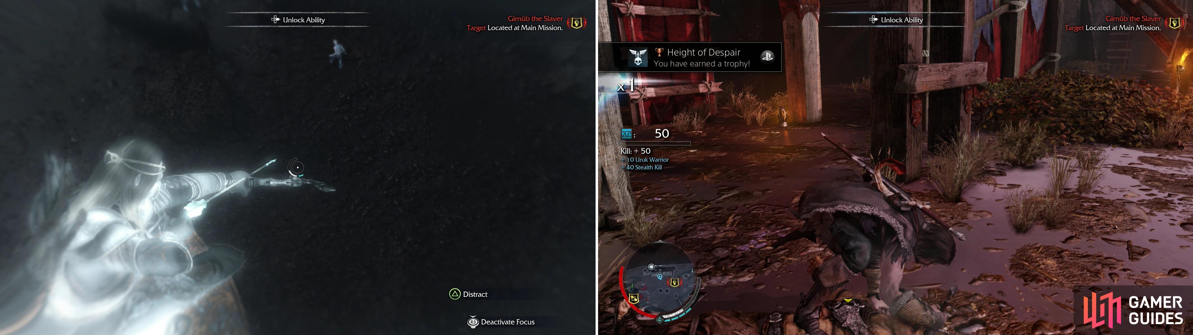 While in Ranged Mode you can use the “Distract” ability to lure Uruks to a specific spot (left). Use “Strike From Above” from the top of the scaffolding in The Black Gate to score the Trophy/Achievement “Height of Despair”.