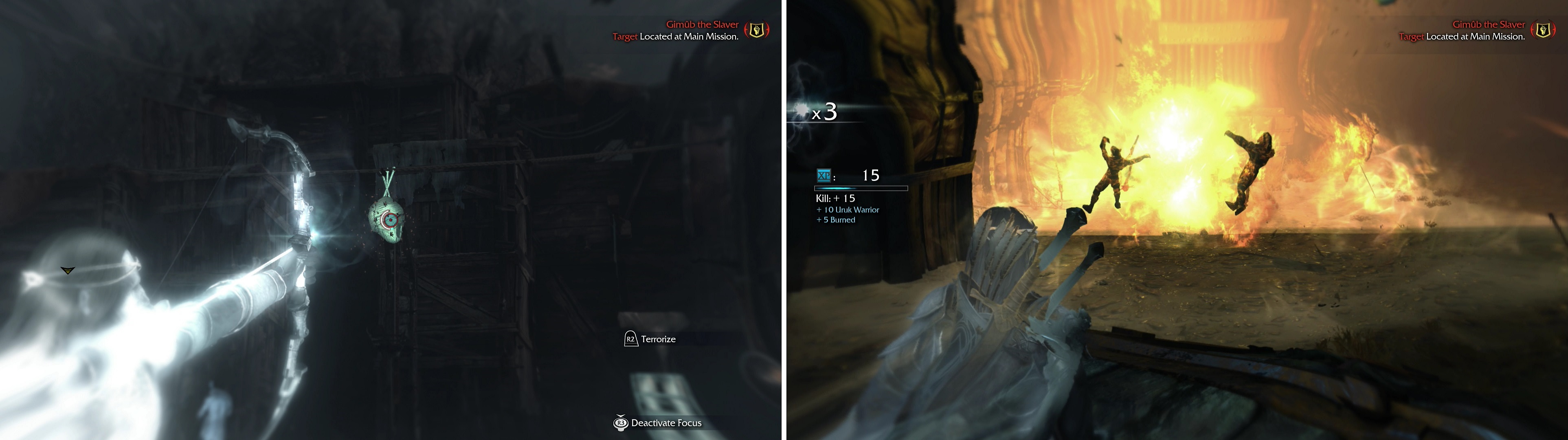 Shooting Morgai Fly Nests will stir up the insects within, to the sorrow of any nearby Uruks (left). Shoot explosive barrels and, if you have the “Detonate” Ability, campfires, to cause potent explosions (right).