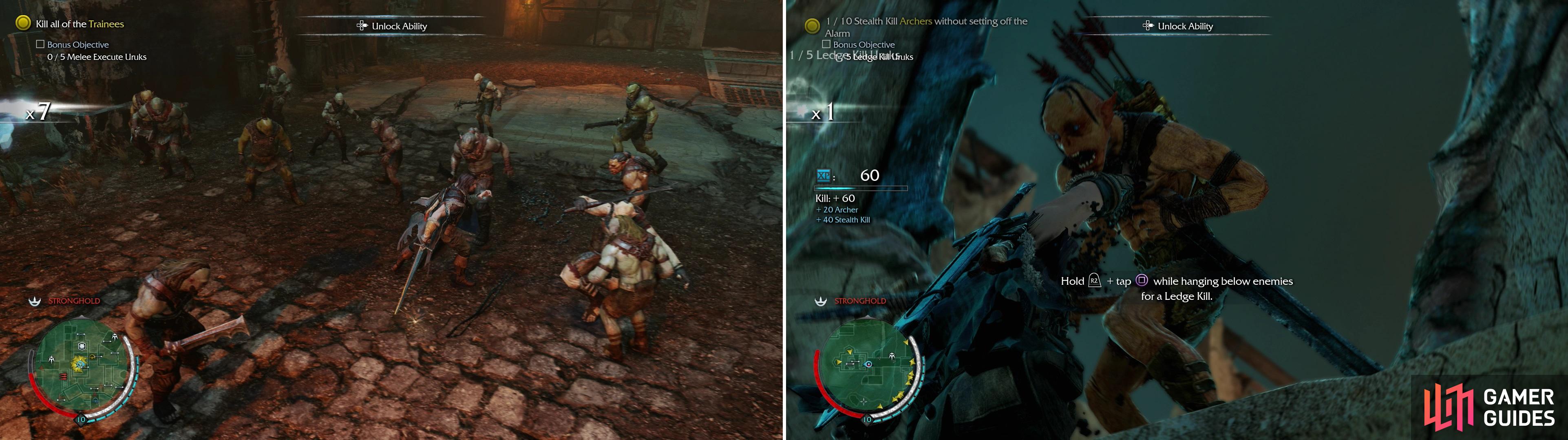 The Sword Mission “Cutting the Lines” tasks you with performing melee Executions while fighting off a horde of Uruks (left), skills that you must learn sooner or later. “Clear the Skies” tests your ability to sneakily Ledge Kill archers (right).