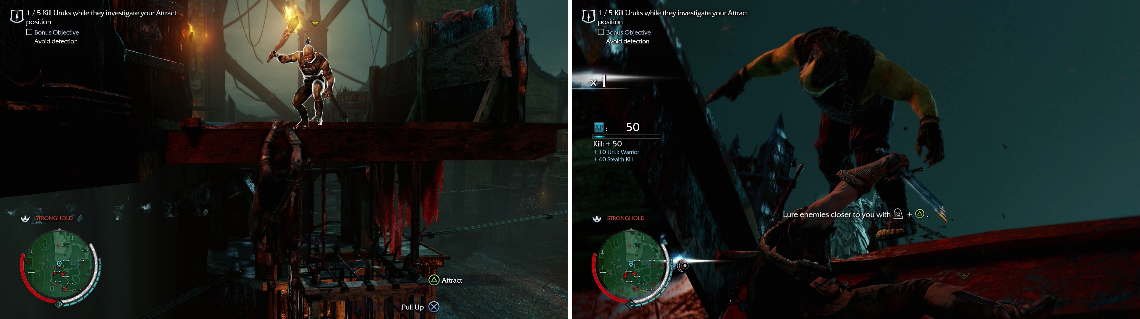 Use the “Attract” ability to lure Uruks to you (left) then perform a Ledge Kill (right).