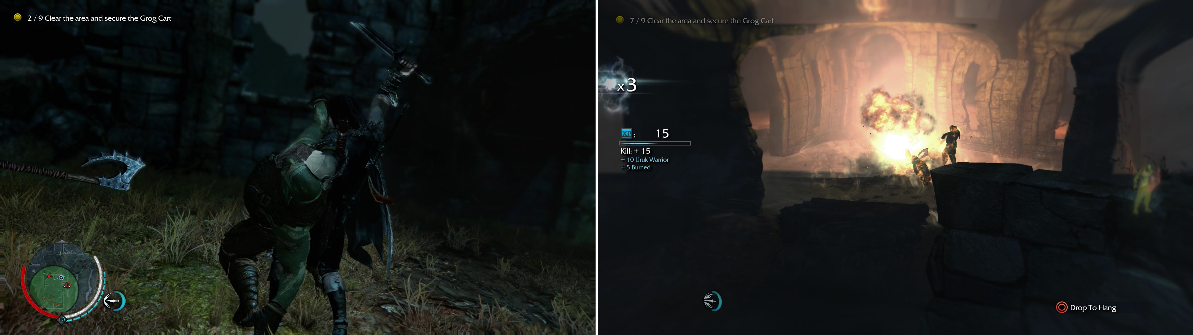 When clearing out the camps, you’ll have the option of killing Uruks however you fancy-by using good old Stealth Kills (left) or… well, somewhat more explosively (right).