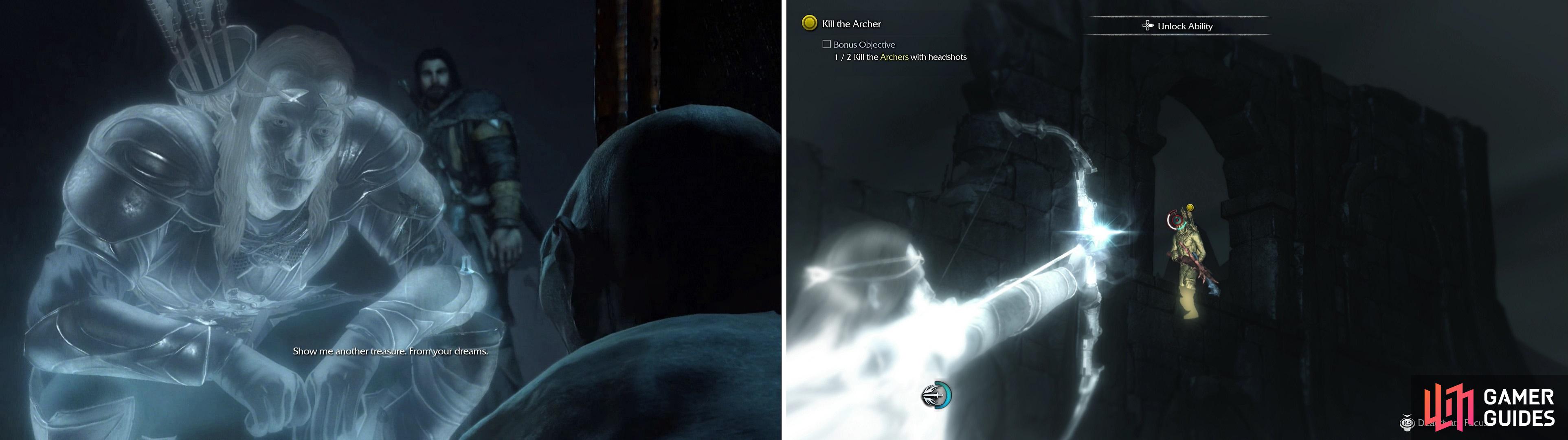 Despite Talion’s rudeness, the Wraith manages to persuade Gollum into leading us to another relic (left). Along the way, headshot a few Uruk archers to complete a bonus objective (right).