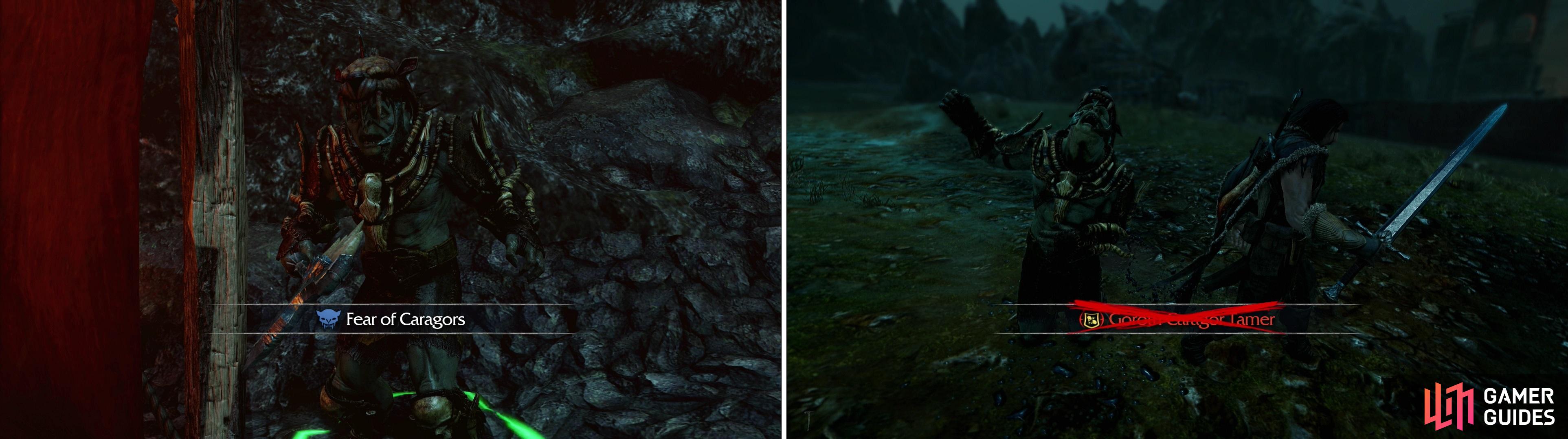 Release a caged Caragor to take advantage of Goroth’s fear of them (left), after which he should be easy to dispatch (right).