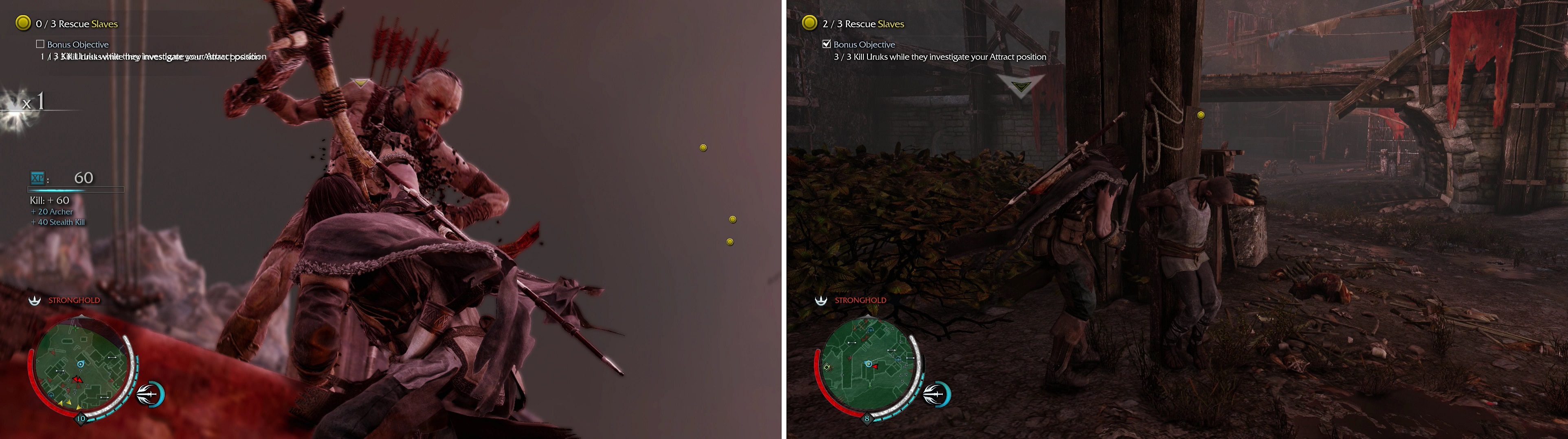 The easiest way to accomplish the bonus objective for this mission is to Attract foes while on a ledge, then perform a Ledge Kill (left). Once you’ve killed enough, free the slaves (right).
