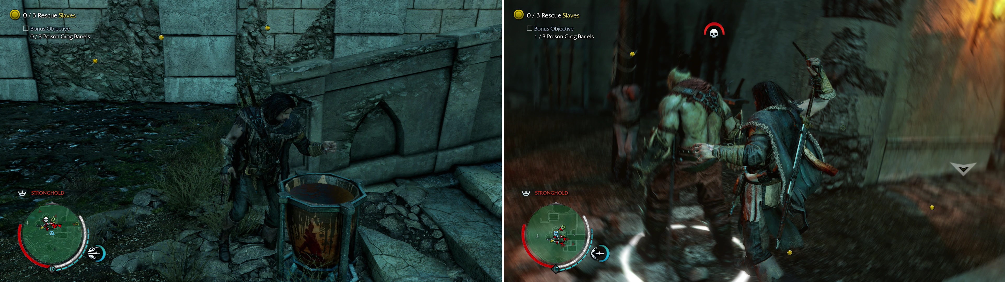 Poison Grog Barrels to satisfy the bonus objectives for this mission-Uruks don’t need to actually drink from them (left)-then free the Slaves, especially ones being taunted by Uruks (right).
